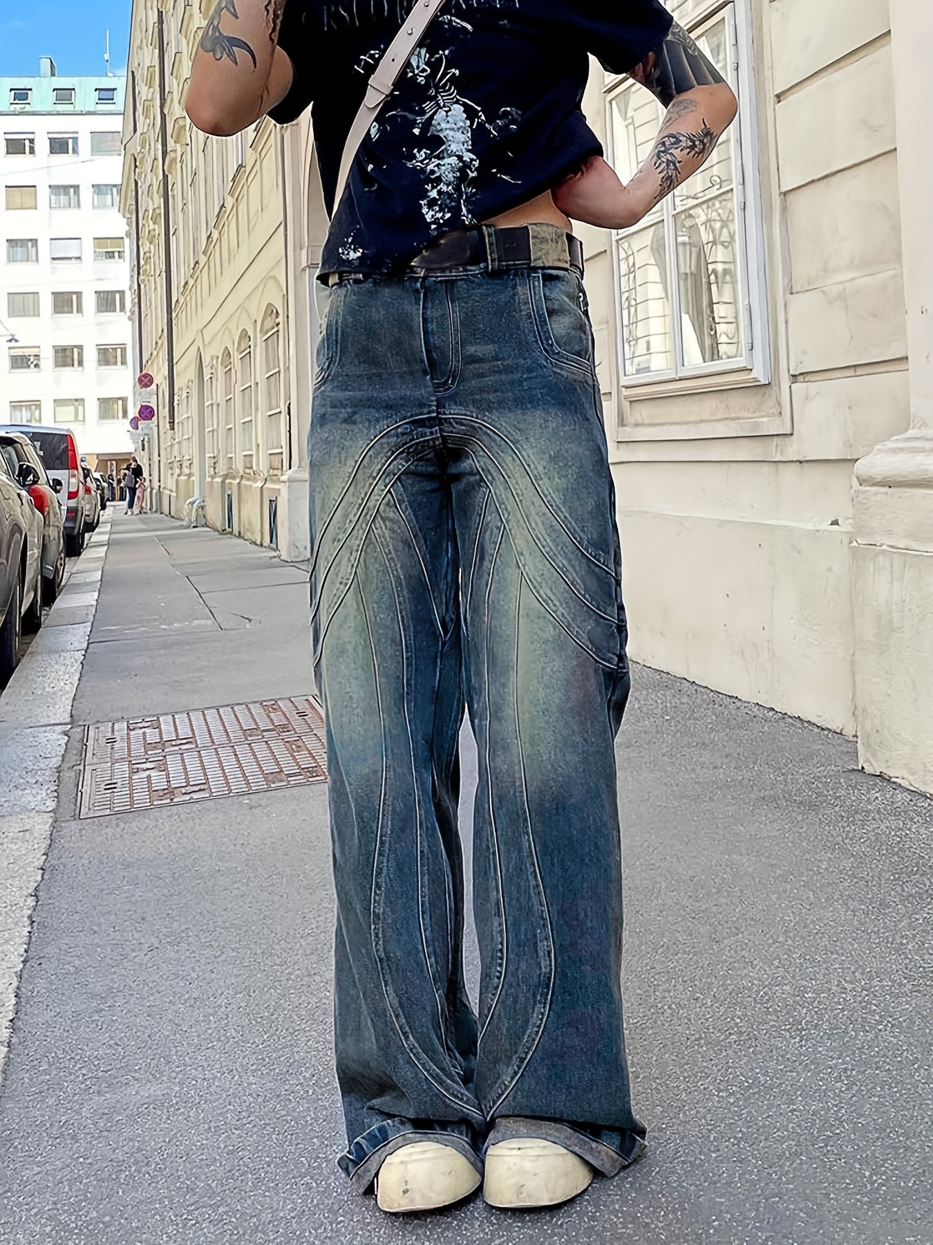 Men's Street Style Loose Wide Leg Denim Jeans, Fashion Trend, Y2K Style,  Can Be Paired With Chain Jewelry