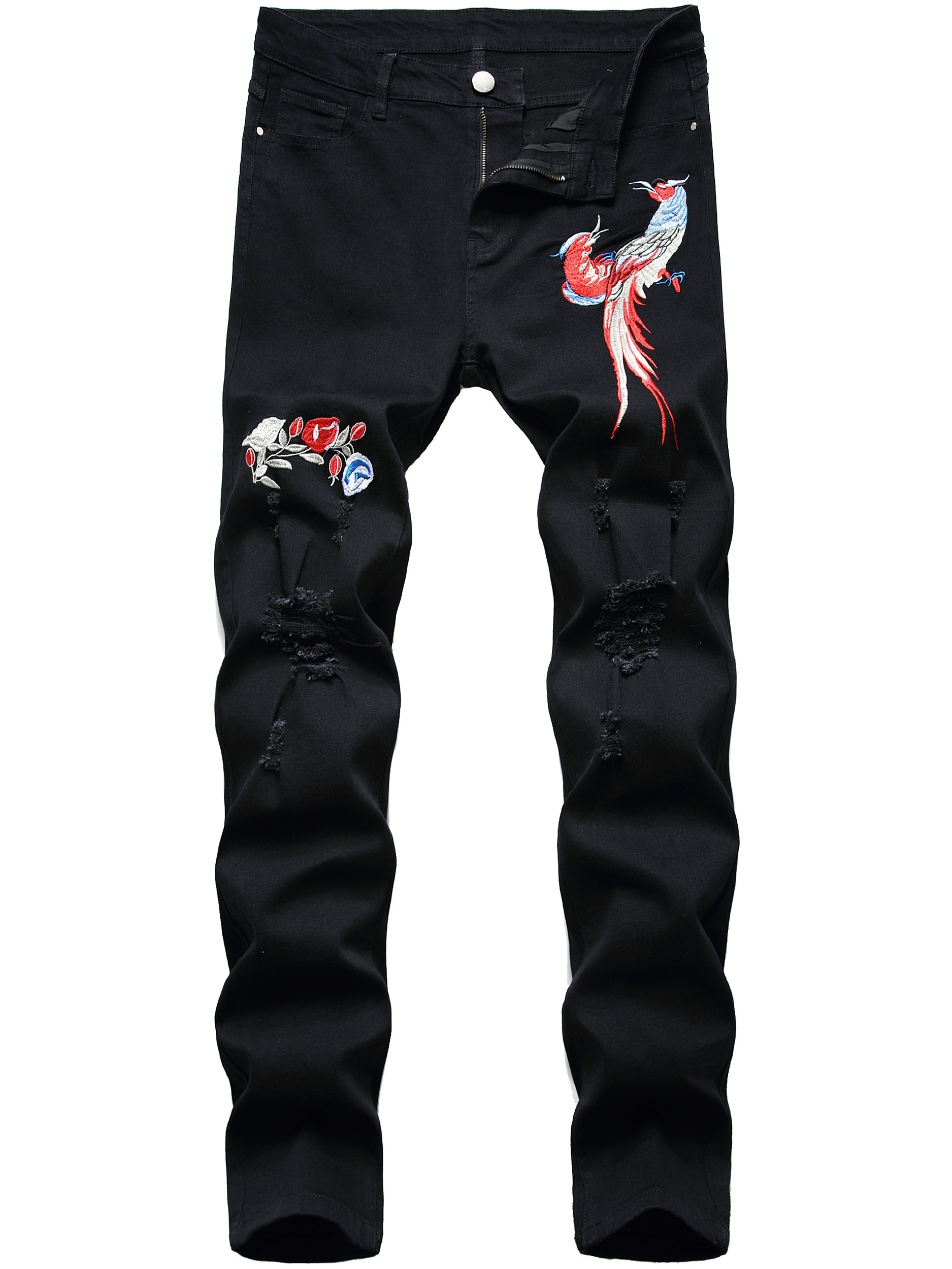 Slim Fit Embroidery Bird Ripped Jeans Men's Casual Medium Stretch Denim Pants