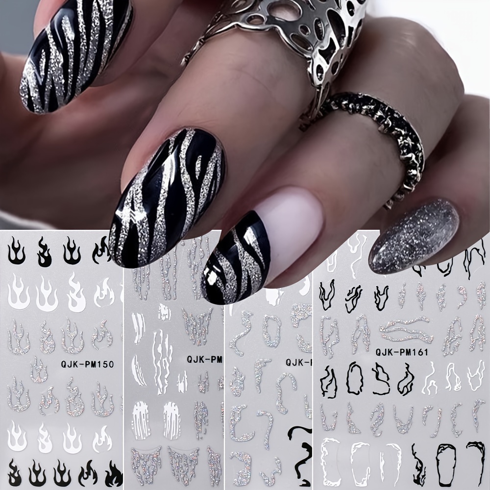 Nail Art Stickers Decals White Black Glitter Stripe Line - Temu Japan