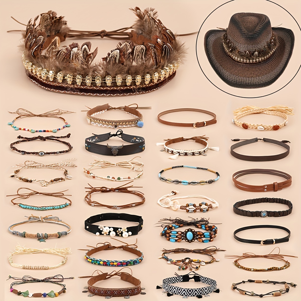 6 Pcs Cowboy Hat Band Replacement Ethnic Western Hat Belts Rural Classical Mexican Turquoise Hatbands for Fedora