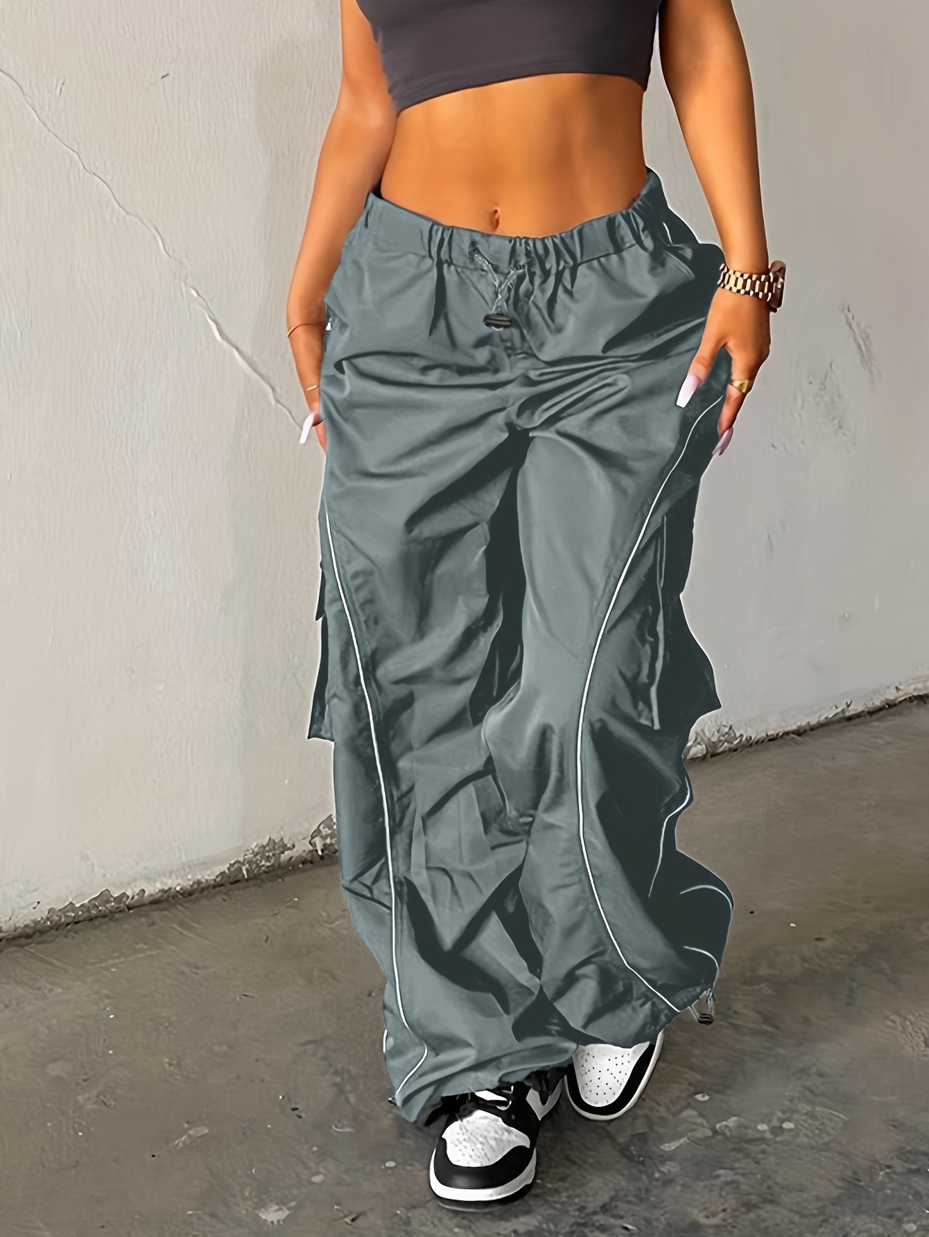 Ruched Cargo Pants Y2k Solid Striped Elastic Waist Draped - Temu