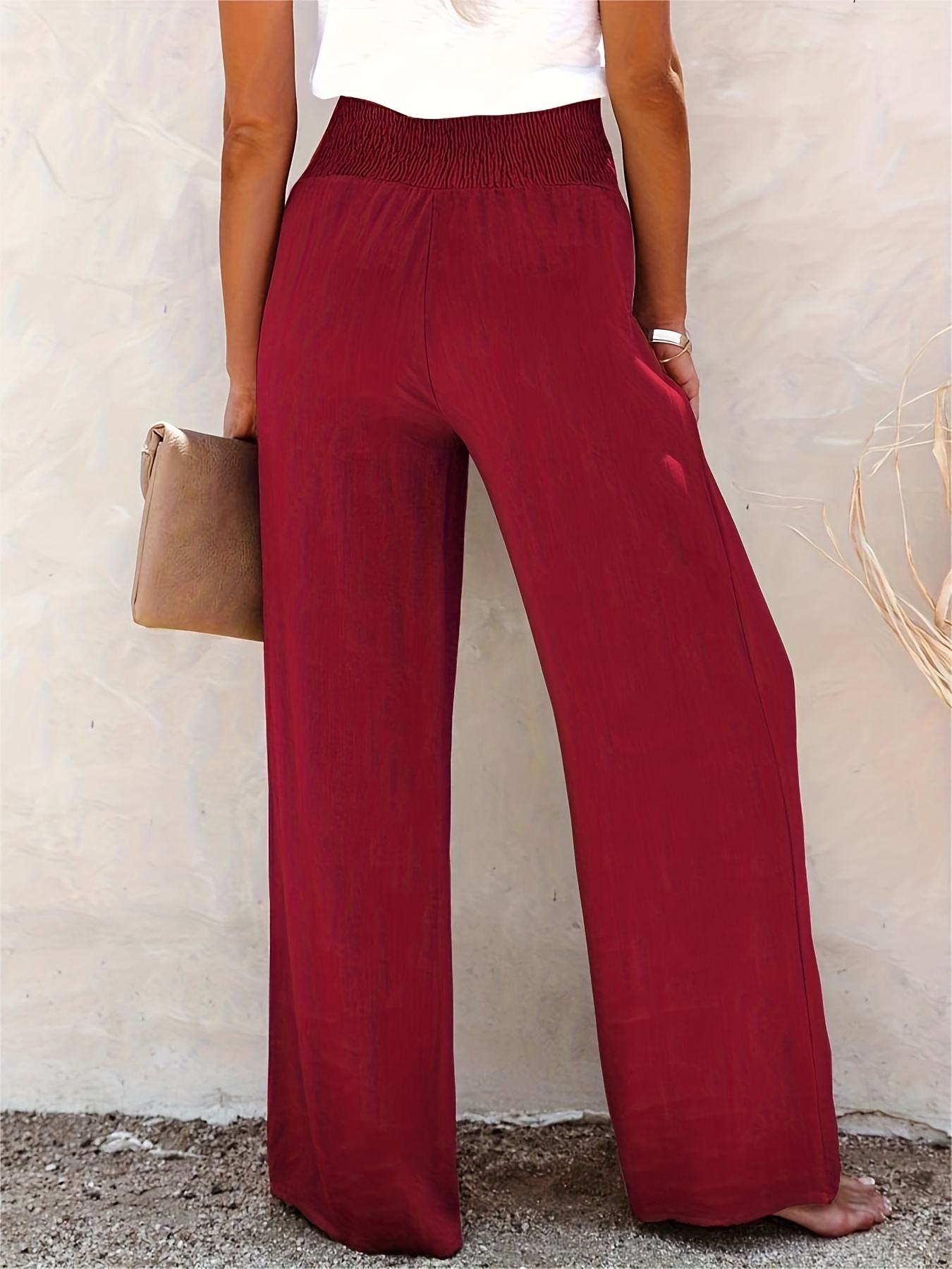 Smocked Waist Wide Leg Pants Women's Clothing