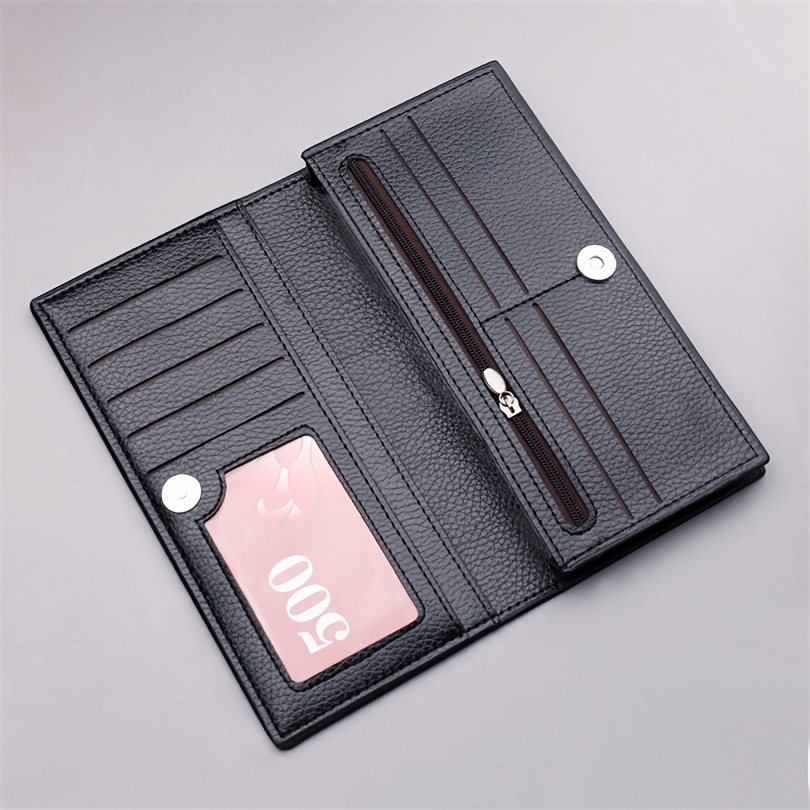 Black Leather Long Wallet with Inside Zipper Multi-Pockets