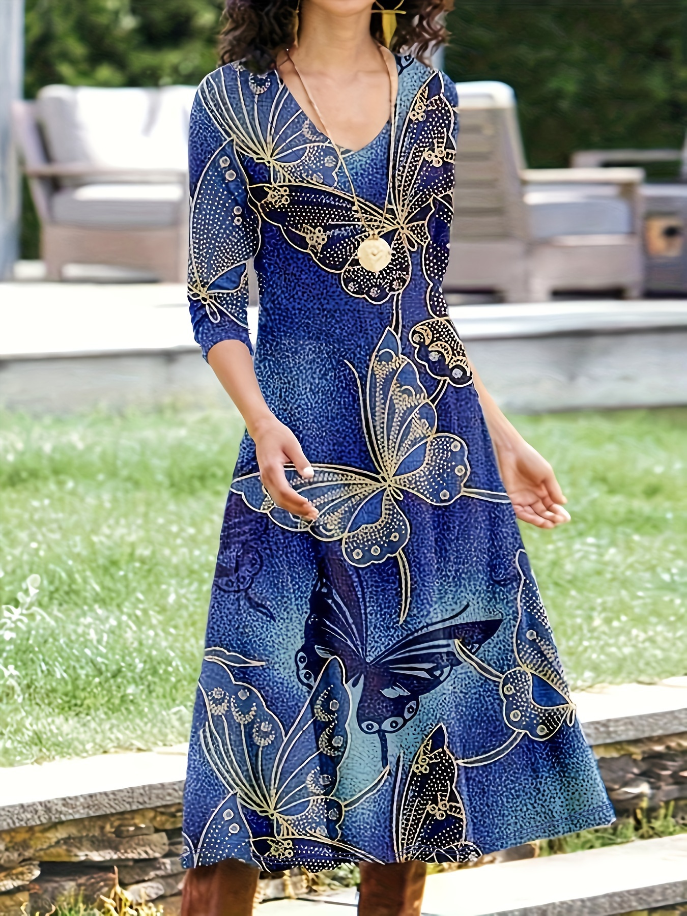 stylish print round neck long sleeve midi dress Temu Bahrain