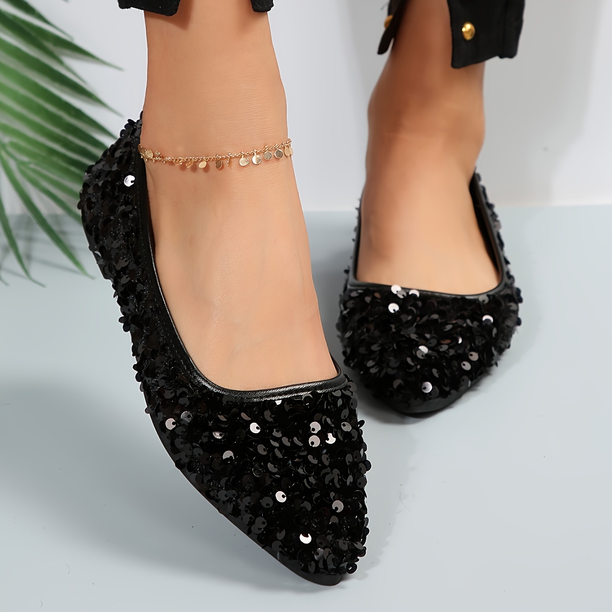 Women's Black Sequins Decor Flats, Pointed Toe Slip-on Shoes, Sparkly  Comfortable Shoes