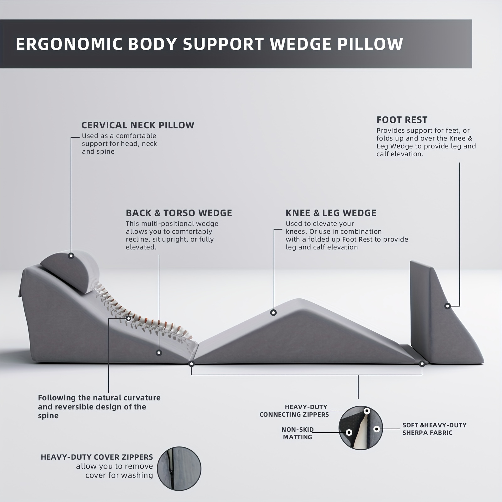 Adjustable Bed Wedge Pillow for Sleeping - 7 in 1 Incline Folding Memory  Foam Cushion - Body Positioner System for Legs or Back | Support Pillow  Helps