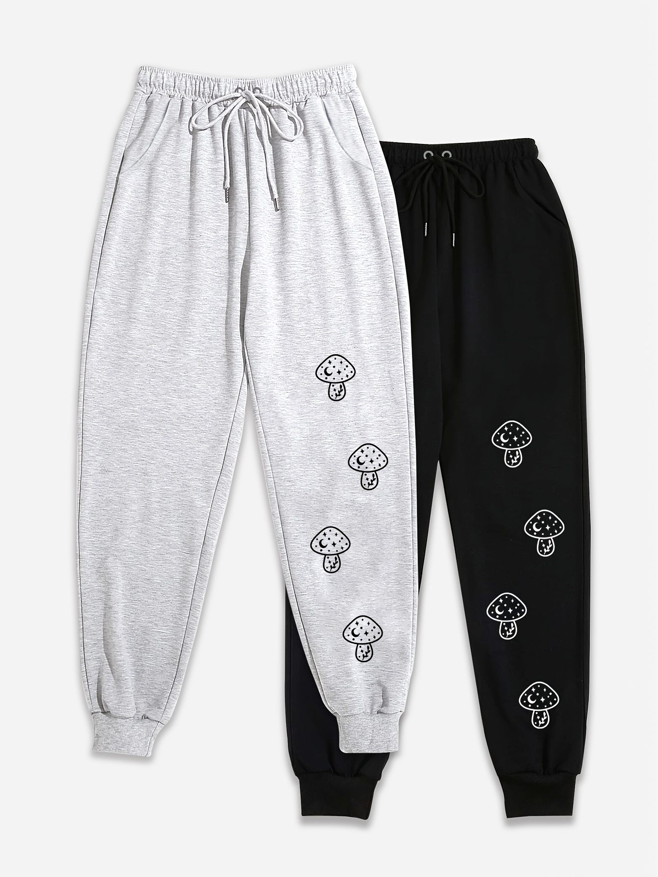 Cute Mushroom Print Sweatpants 2 Pack, Drawstring Waist Comfy Casual Jogger  Pants For Fall & Winter, Women's Clothing