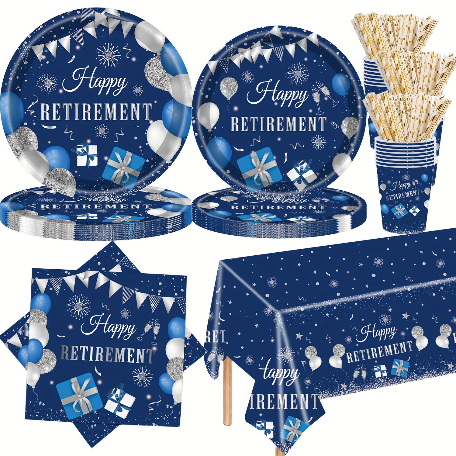 Navy Blue Retirement Silvery Theme Party Tableware Supplies - Temu