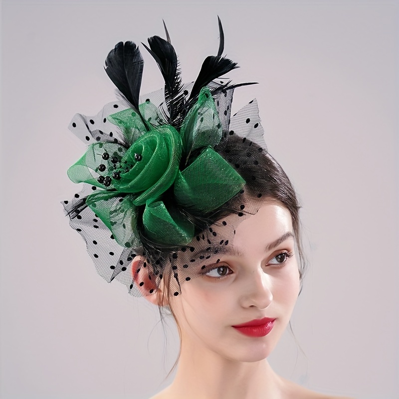 Elegant Green Feather Headband New mesh feather bridal headpiece retro elegant women main image 3