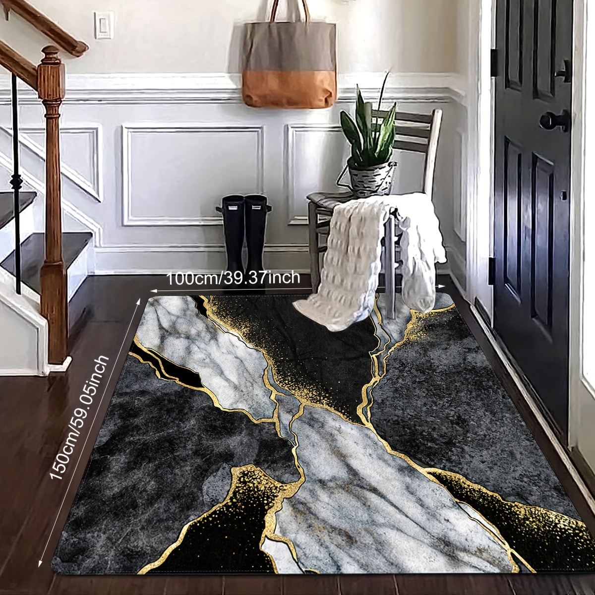 1pc Black Marble Print Polyester Non-slip Kitchen Mat