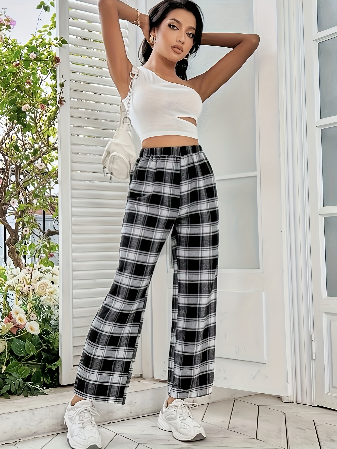 cropped plaid print trousers