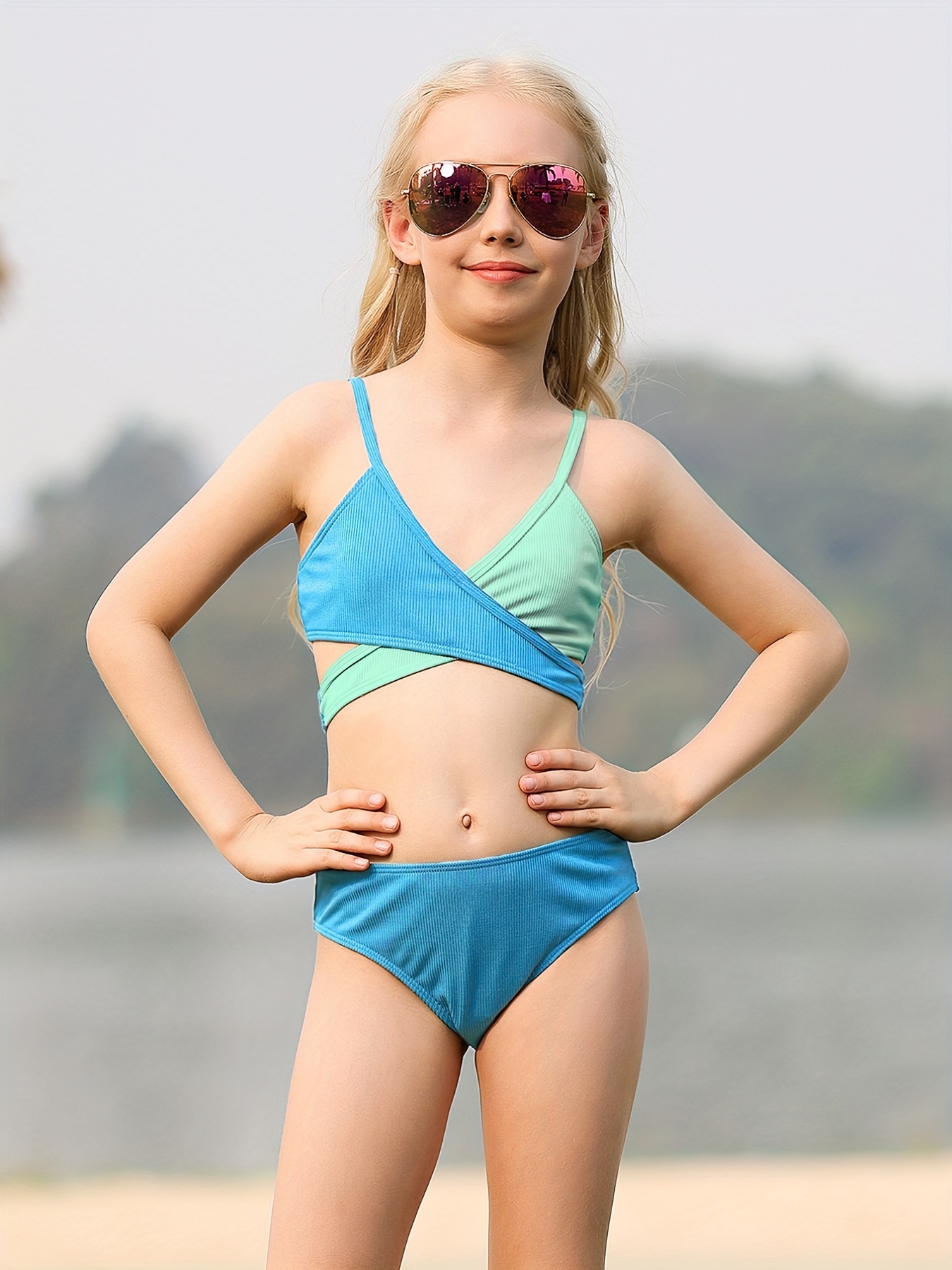 Girls Swimsuits Bikini Set Two Piece Swimsuit Criss Cross - Temu Japan
