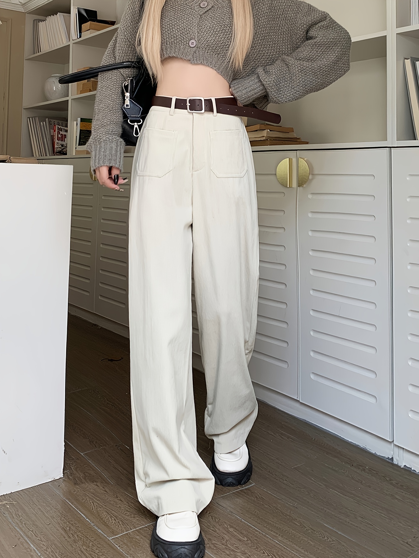 Women Wide Leg Pants With Pockets Solid Color Relaxed Fit Casual