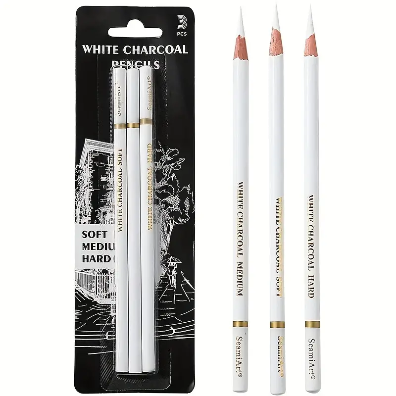 3 Pieces Professional White Charcoal Pencils Set Soft Neutral Hard Refill  Sketch Highlight White Pencils For Drawing, Sketching, Shading, Blending, Wh