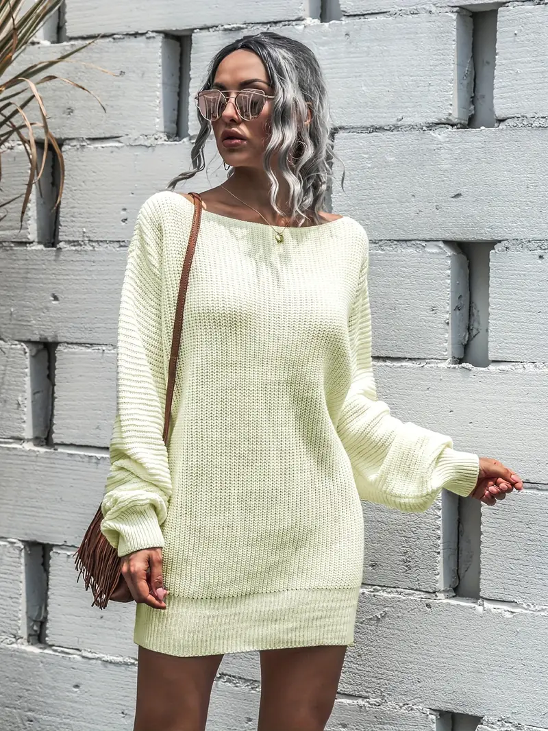 Solid Boat Neck Sweater Dress Casual Long Sleeve Mini Dress - Temu