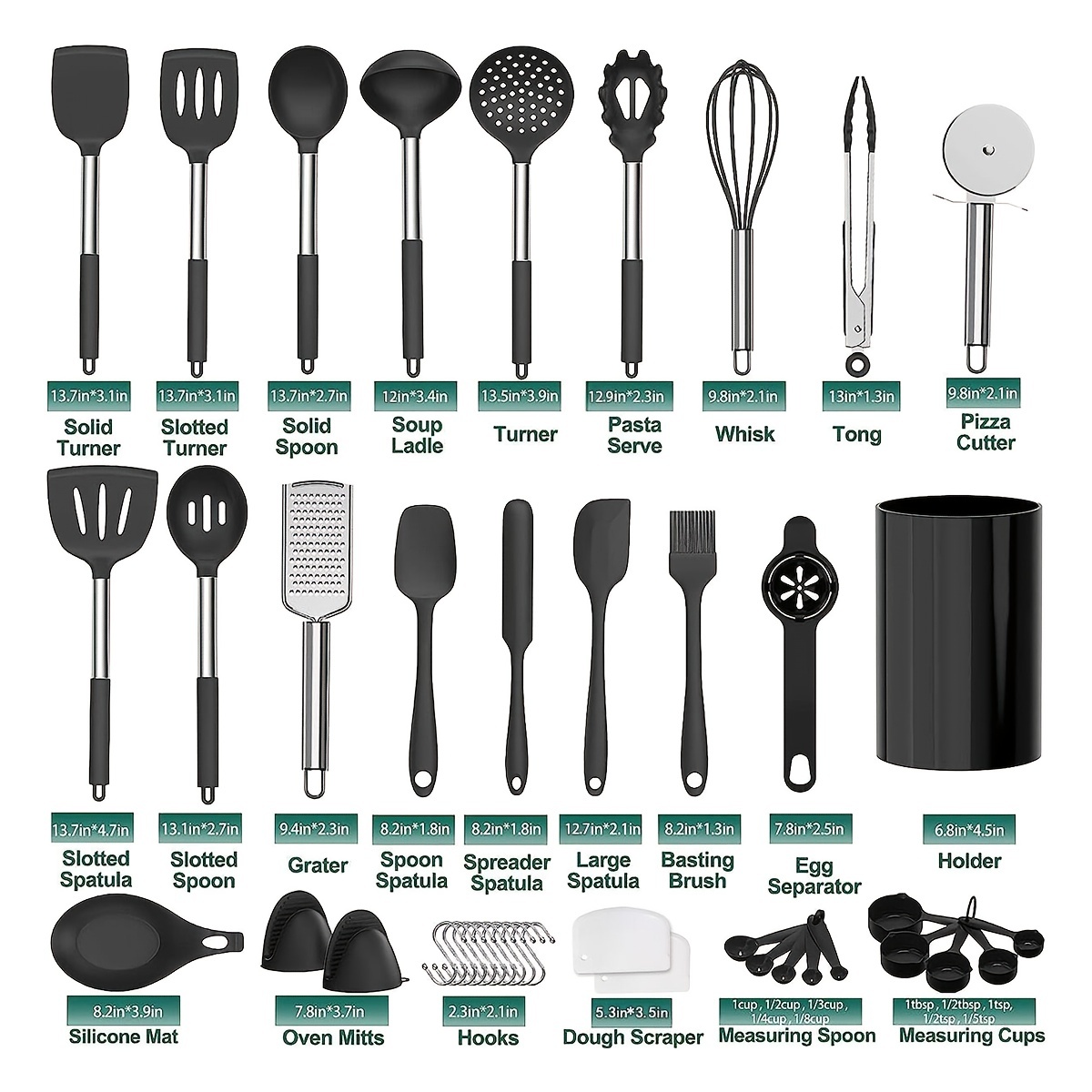 43pcs silicone kitchen utensil set with stainless steel handles storage bucket essential cooking tools for   details 1