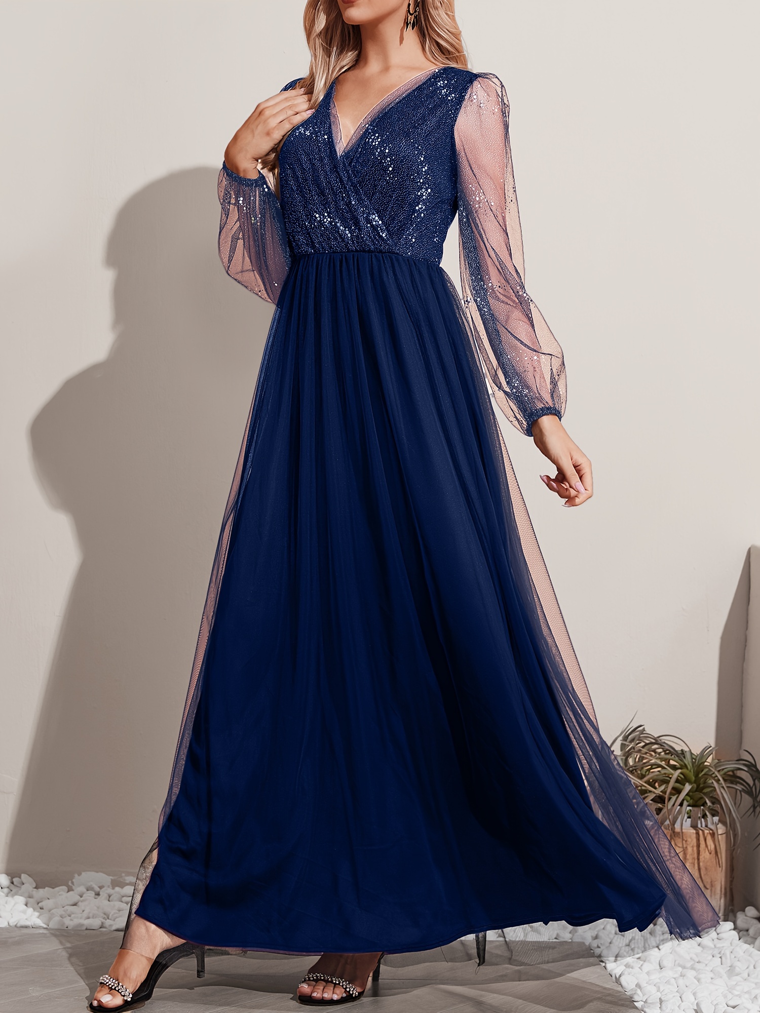 contrast mesh solid maxi dress elegant v neck long sleeve dress womens clothing