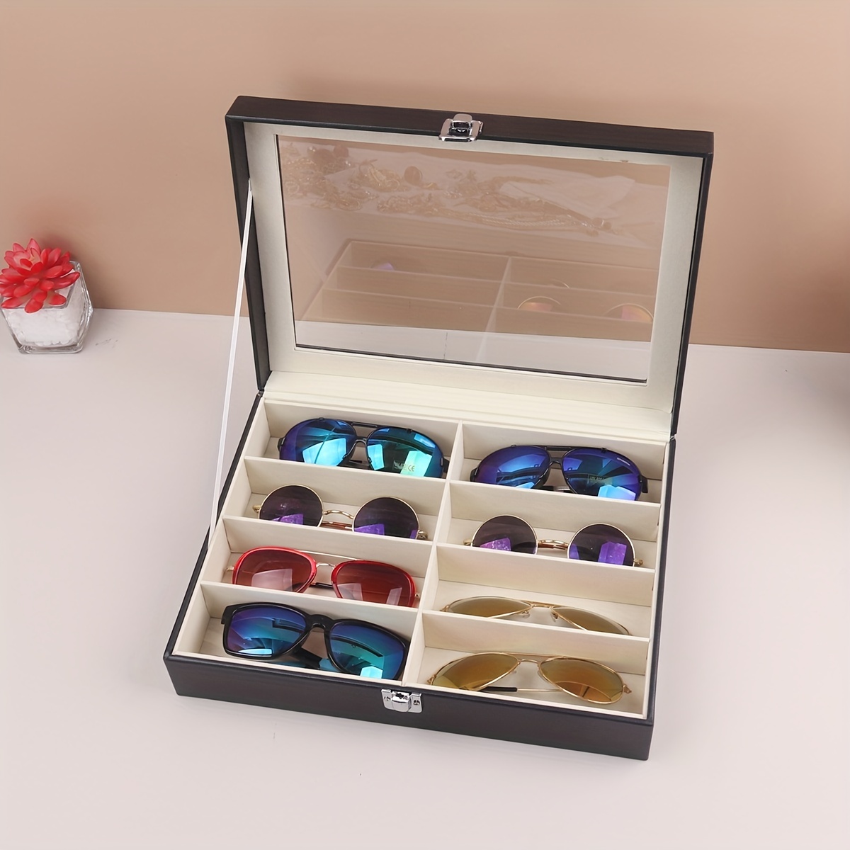 Organizador de lentes de sol de acrílico con funda de 4 cajones, estuche  organizador de anteojos transparente, bandeja apilable para gafas de sol