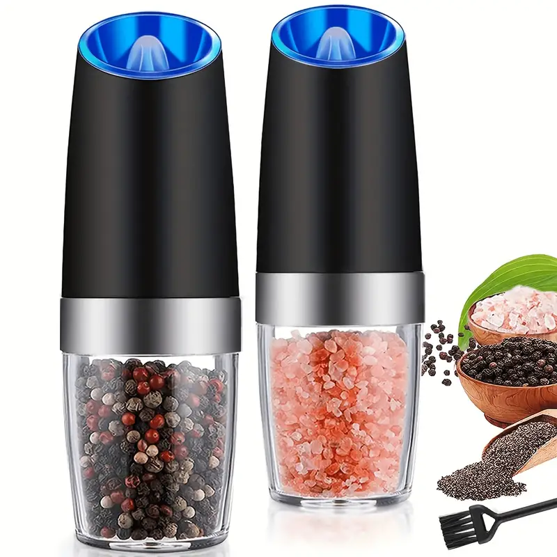 Gravity Electric Pepper And Salt Grinder Set, Adjustable Coarseness,  Battery Powered With Led Light, One Hand Automatic Operation, Stainless  Steel Black - Temu