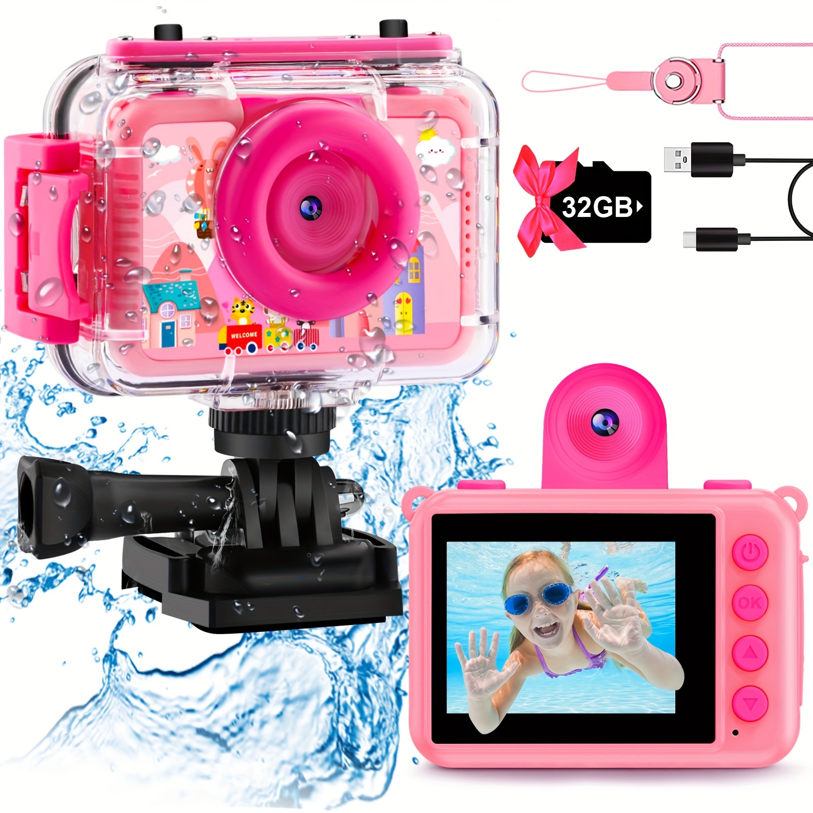  Regalos para niñas de 6, 7, 8, 9, 10 años, cámara impermeable  para niños, Navidad, cumpleaños, cámara de acción para niñas de 3 a 12 años,  grabadora de video subacuática con