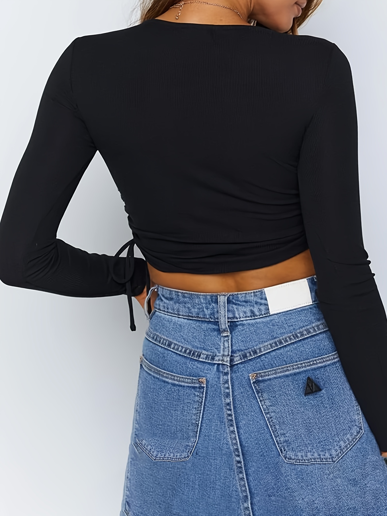 Crop Tops for Women Mesh Long Sleeve Ruched Drawstring Shirts Tops V Neck  Ribbed Sexy Solid Color Cropped Top Blouses