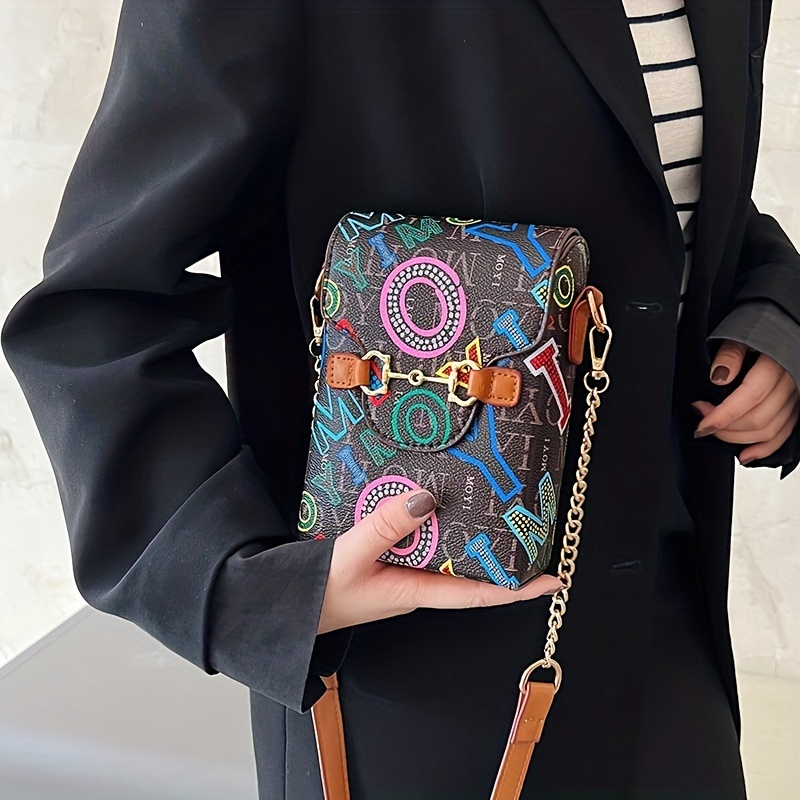 Mini Flap Crossbody Phone Bag, Letter Print Shoulder Bag, Women's Studded  Decor Square Purse - Temu Belgium