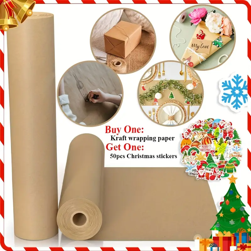 Brown Kraft Paper Roll With Free Gift Christmas Stickers - Temu