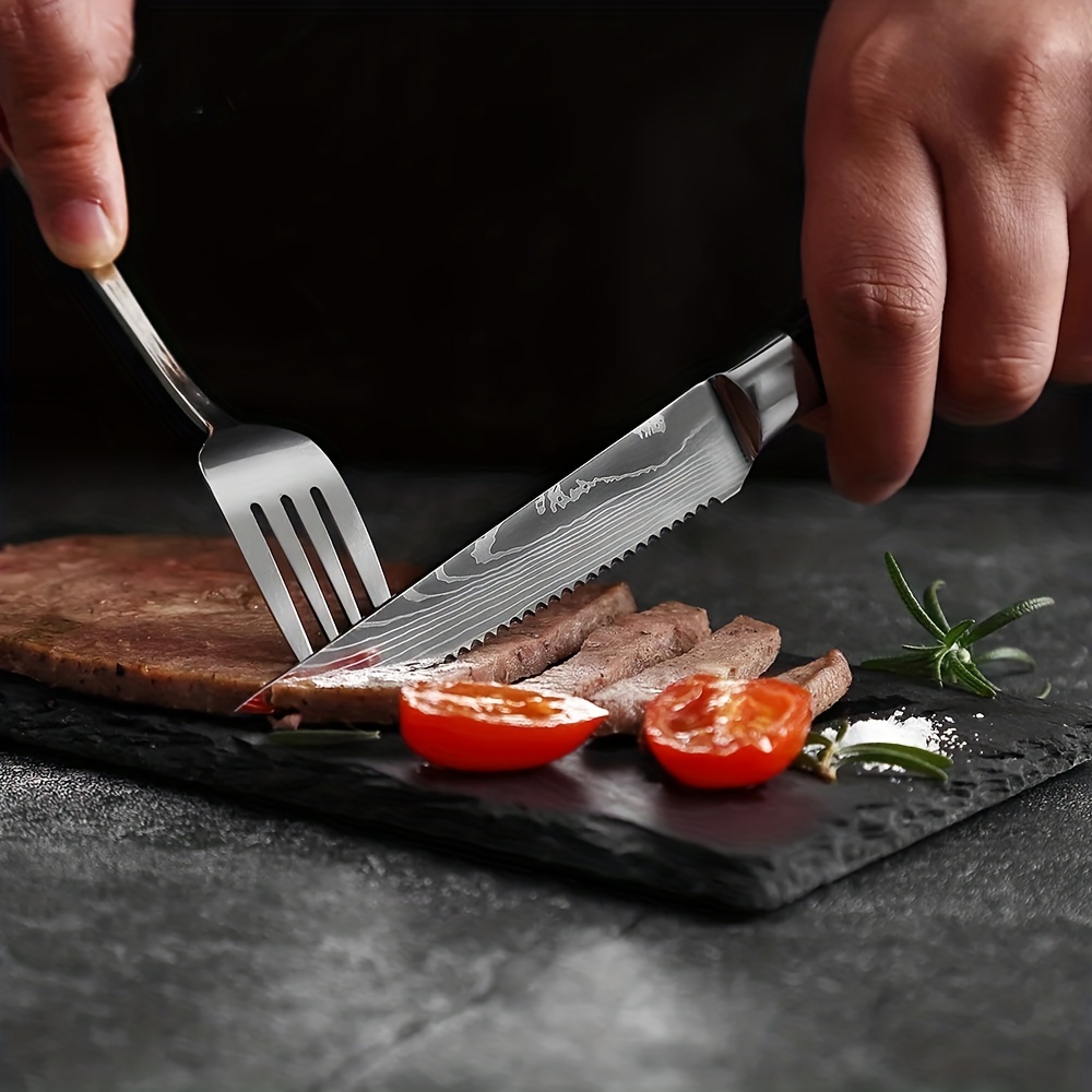 Couteau À Steak Dentelé Manche En Résine Motif Damas Couperet De Boeuf En  Acier Inoxydable Couverts