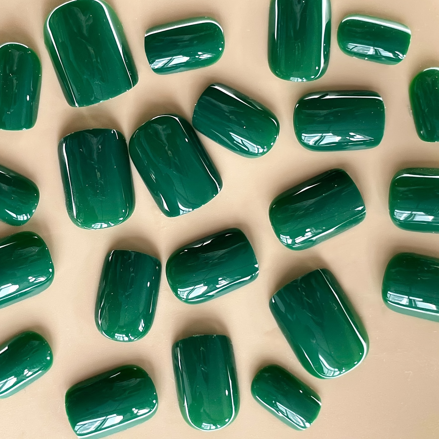 24pcs glossy green press on nails short square fake nails minimalist style false nails solid color full cover fake nails for women girls spring wear jelly glue and nail file included details 2