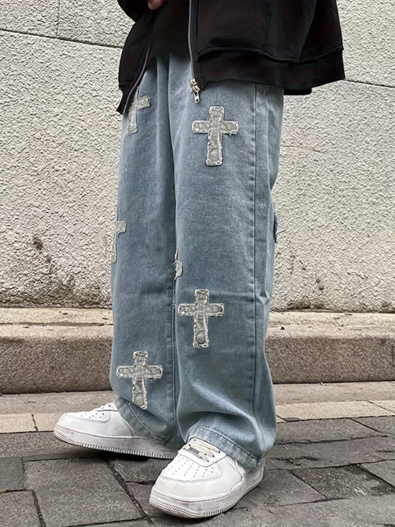Y2k Men's Cross Pattern Baggy Jeans Casual Street Style - Temu