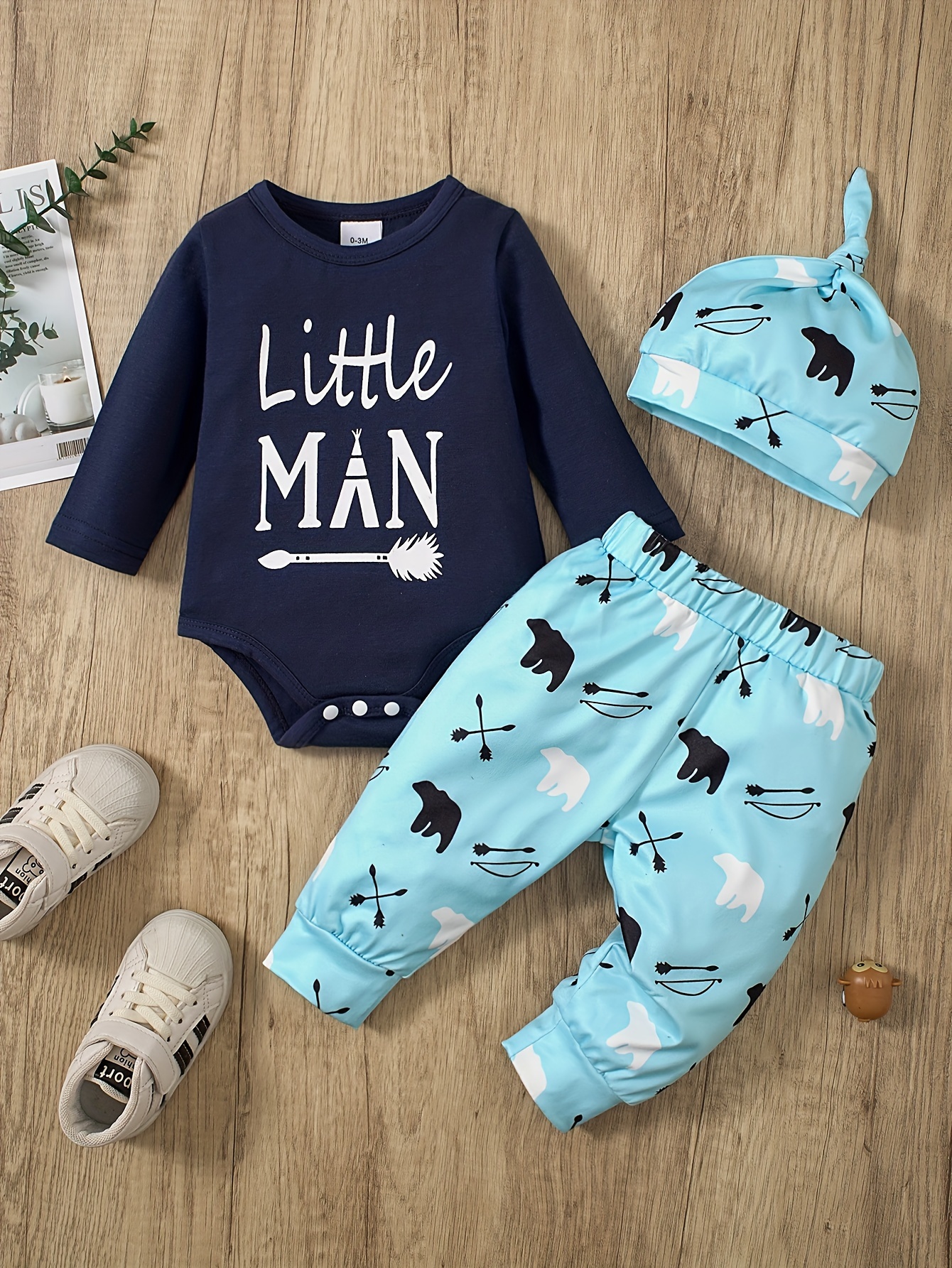  Tepuce Conjunto de ropa para bebé niño con estampado de letras,  mameluco de manga larga + pantalones + sombrero, conjunto de ropa de 3  piezas, Nuevo en la tripulación : Ropa