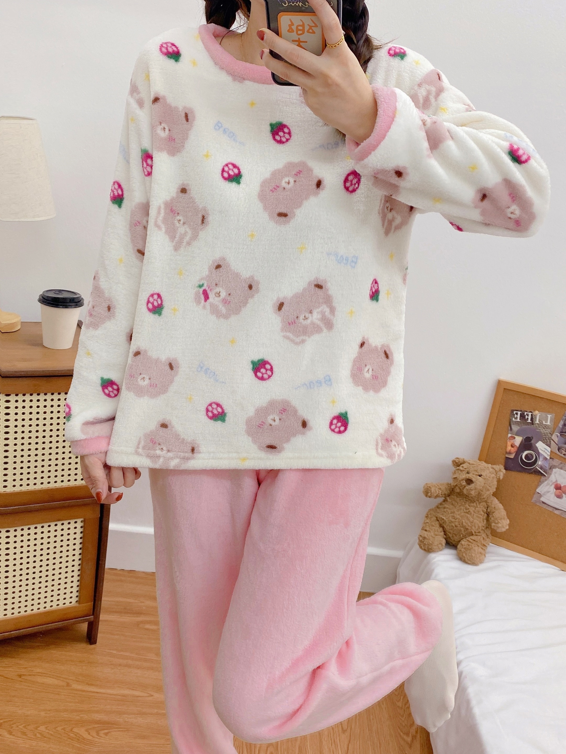 Cute Teddy Bear Warm & Thermal Loungewear, Long Sleeve Pullover Pajama Tops  & Pants For Valentine's Gifts, Women's Sleepwear & Loungewear