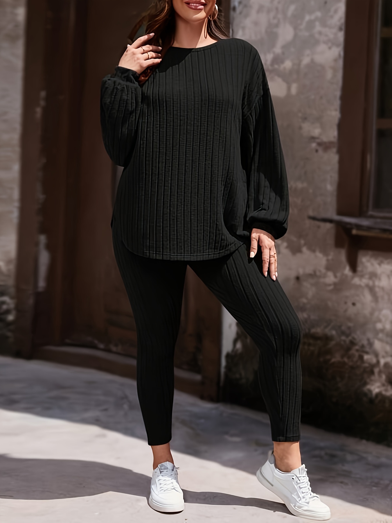 Plus Size Casual Outfits Set Women's Plus Solid Ribbed - Temu