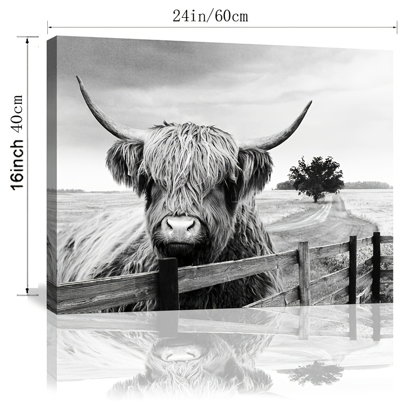 Canvas Painting Black White Landscape Highland Cow Pasture Temu