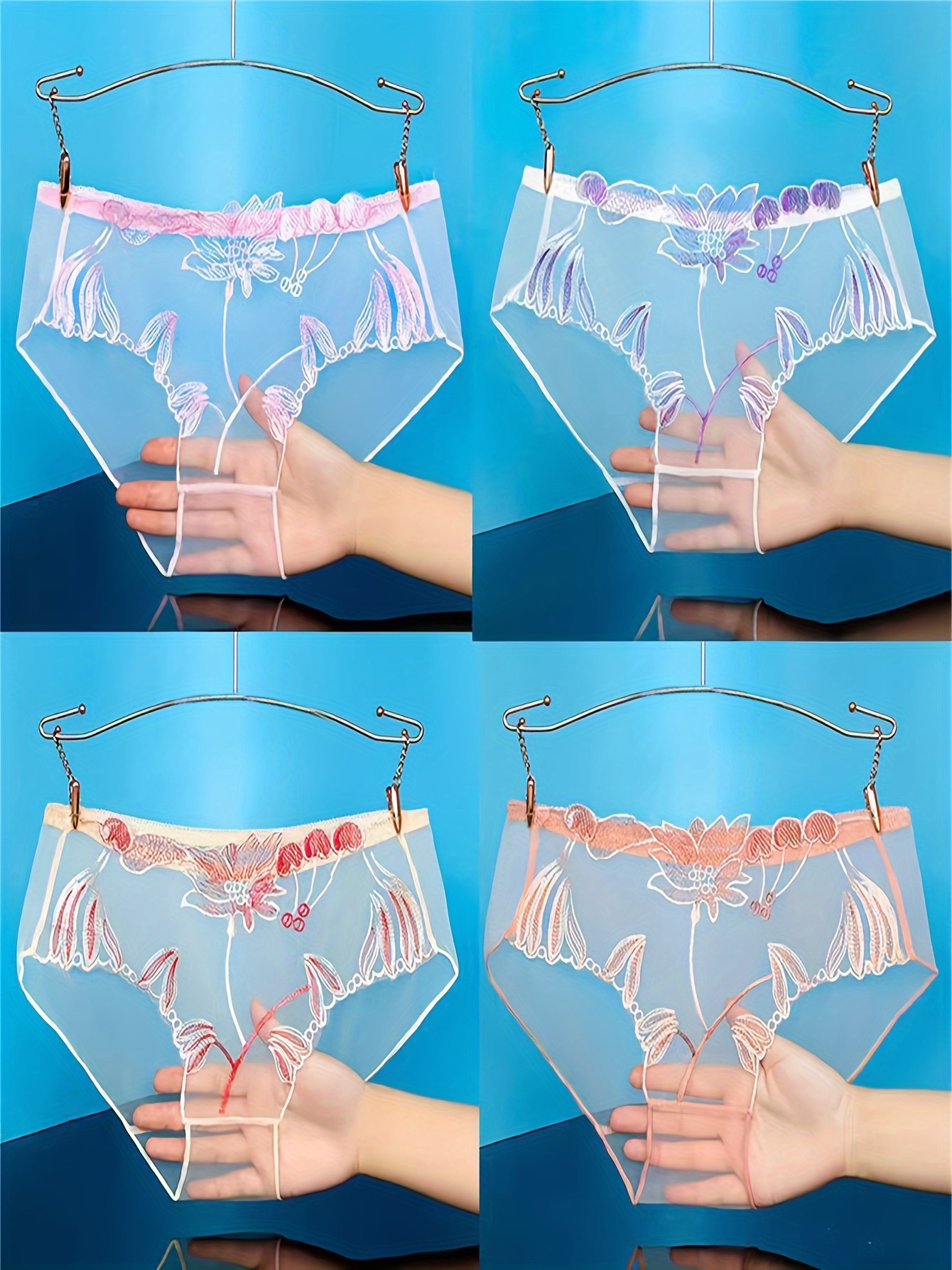 4pcs Floral Embroidery Panties, See Through Mesh Intimates Panties, Women's  Sexy Lingerie & Underwear