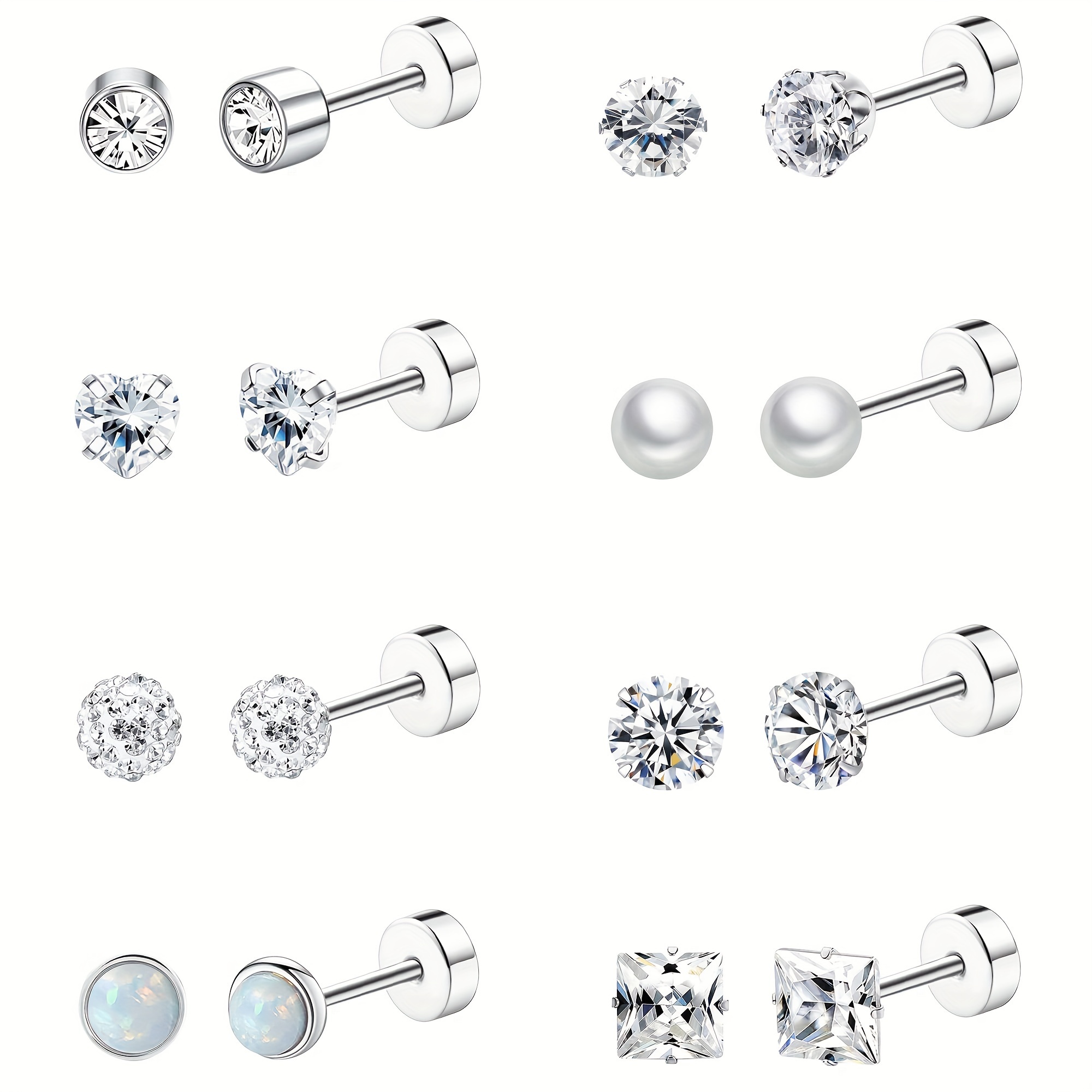 E-shop 16-teiliges Set Flache Runde Knorpel-Stecker, Edelstahl Herzförmige Zirkonia Ohrringe für Damen