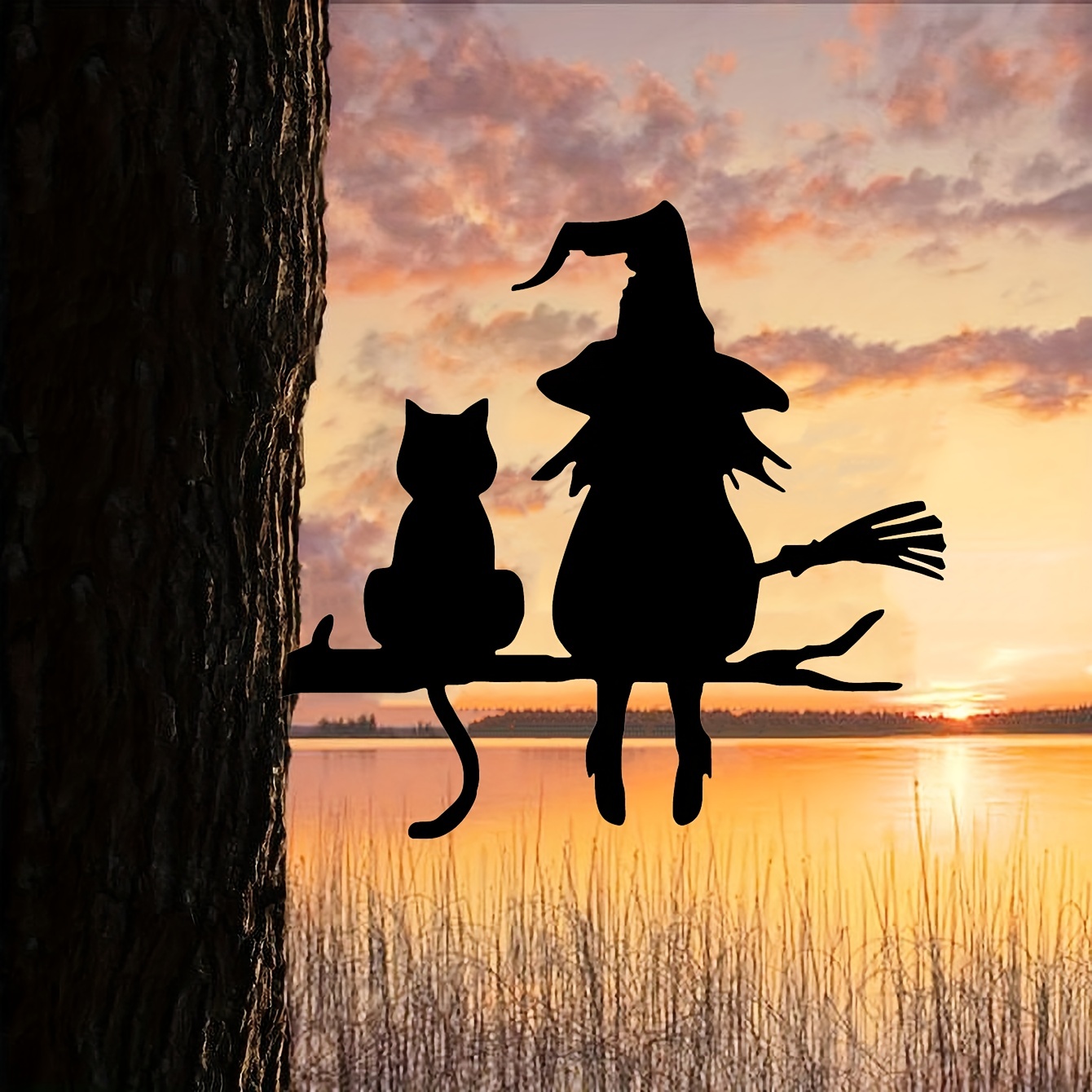 Iron Witch And Cat Garden Stake Yard Art Decor Tree Stump Plug-in