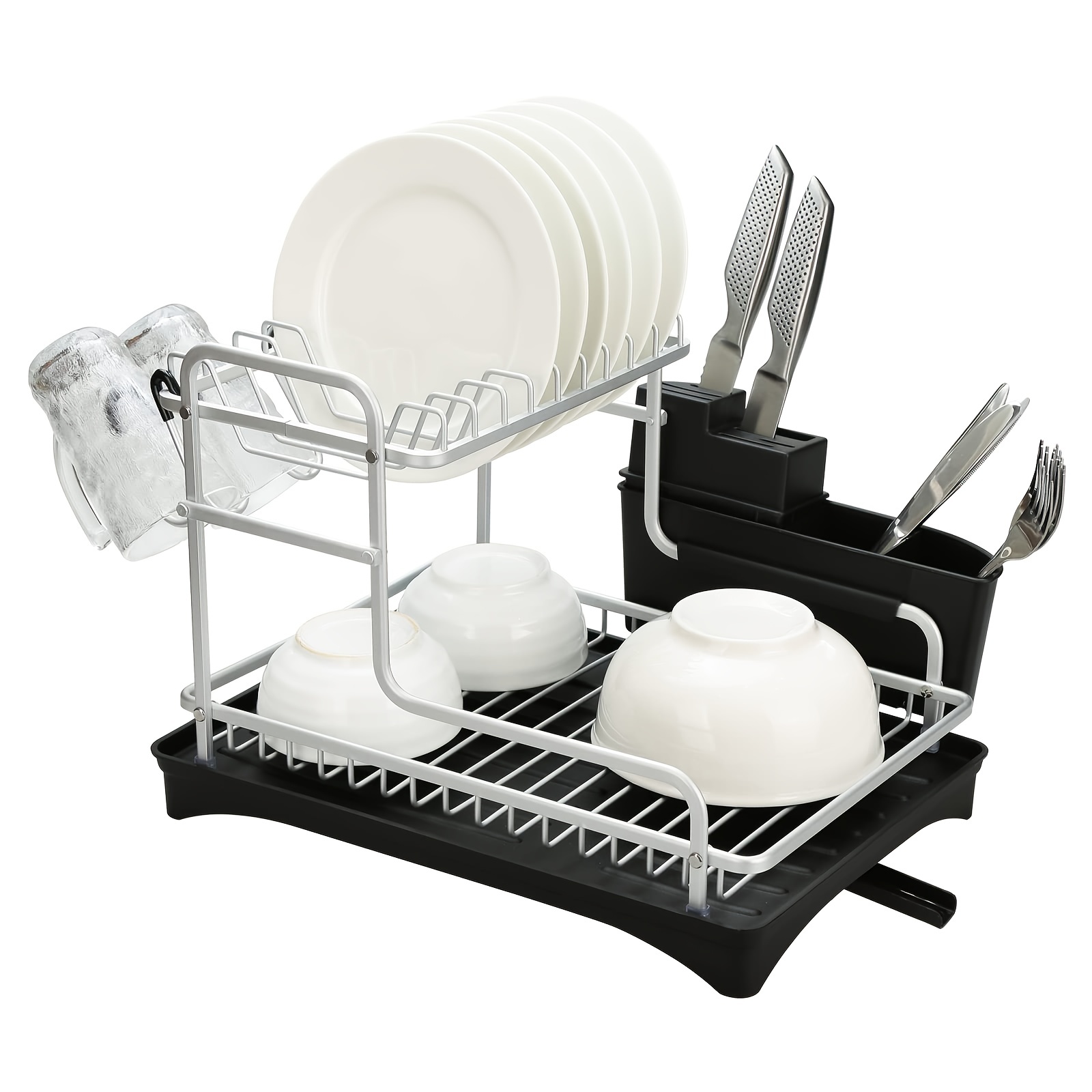 LIONONLY 2 Tier Dish Drainer Rack with Drip Tray, Detachable Large Dish  drying Rack with Swivel Drainage Spout, Utensil & Cutting Board Holder for  Kitchen Counter, Black : : Home & Kitchen