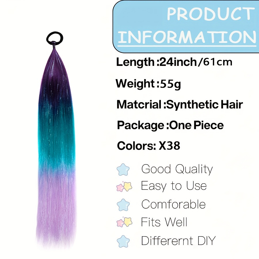 24inch synthetic braided ponytail diy ombre hair extensions with hair tinsel jumbo ponytail colorful   for braiding hair on hair tie loose tinsel hair extensions hair glitter christmas new year and holidays can wear cos for music festival details 3