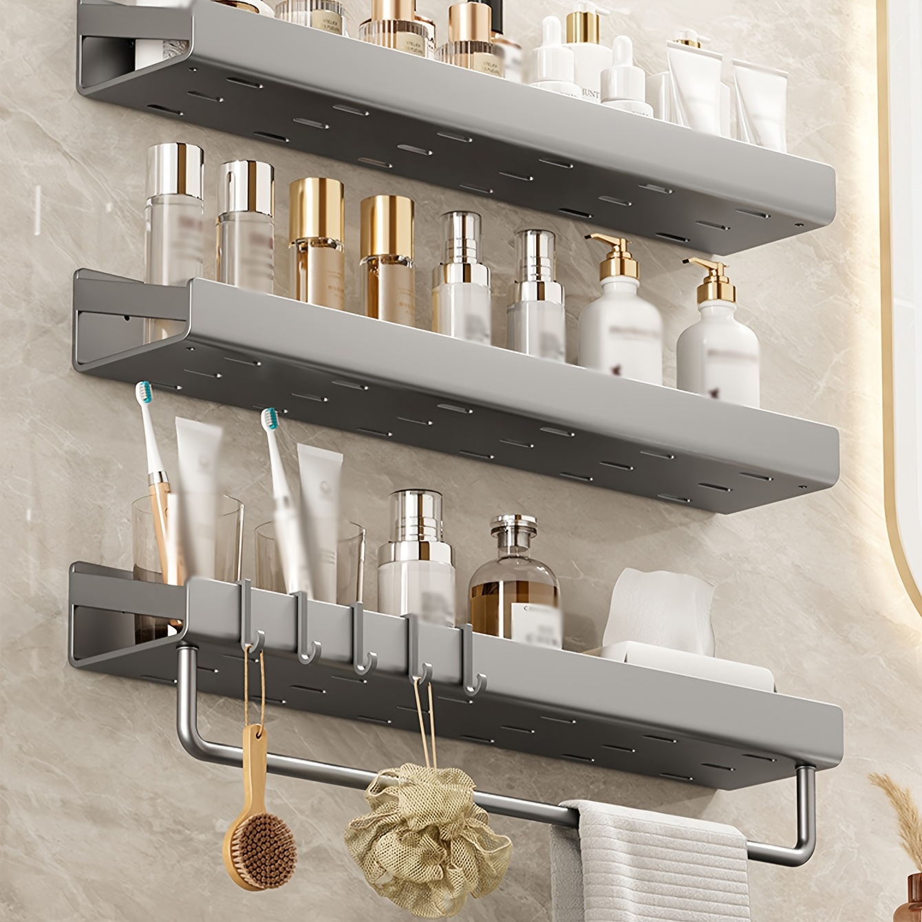 Bathroom Shelves Towel Rack Shower Organizer with 5 Hooks Storage Rack  Bathroom Organizer Towel Bar Holder for Bathroom Lavatory 