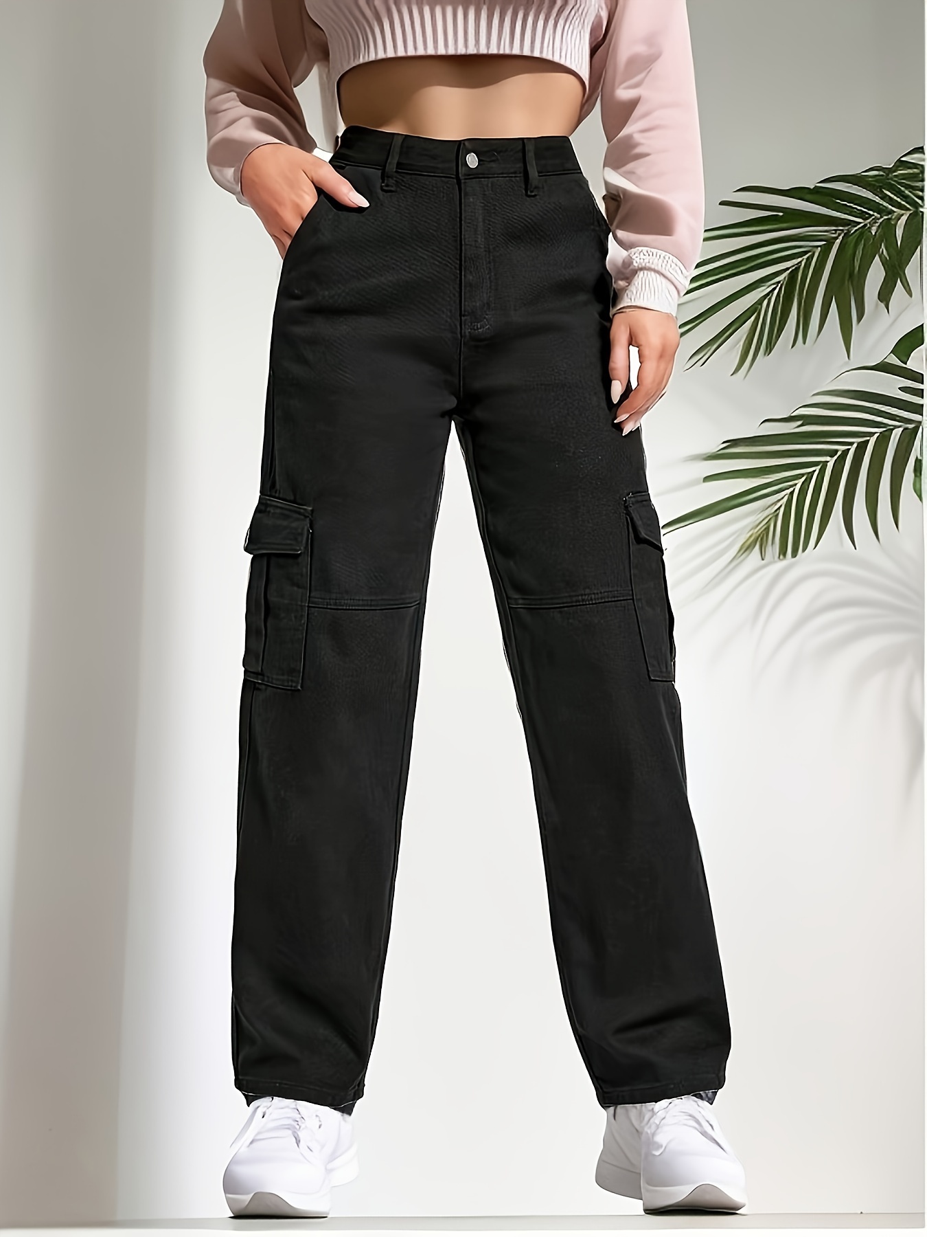 Logo Pattern Black Loose Cargo Jeans Side Pocket High - Temu