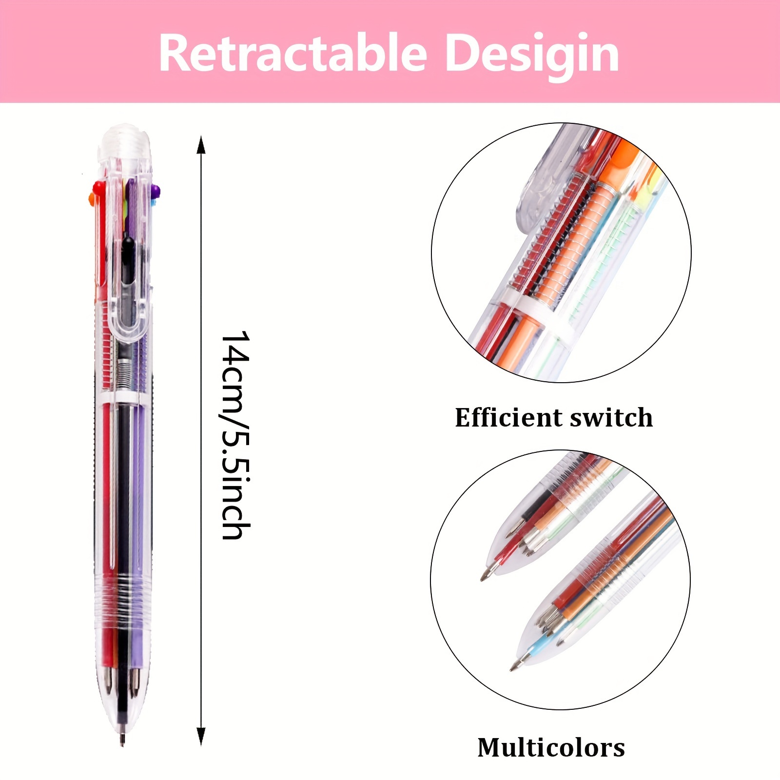 6 PCS Multicolor Pens in One, 0.5mm 6-in-1 Retractable Ballpoint Pens, 6  Colors Transparent Barrel Ballpoint Pen, Office School Supplies Students