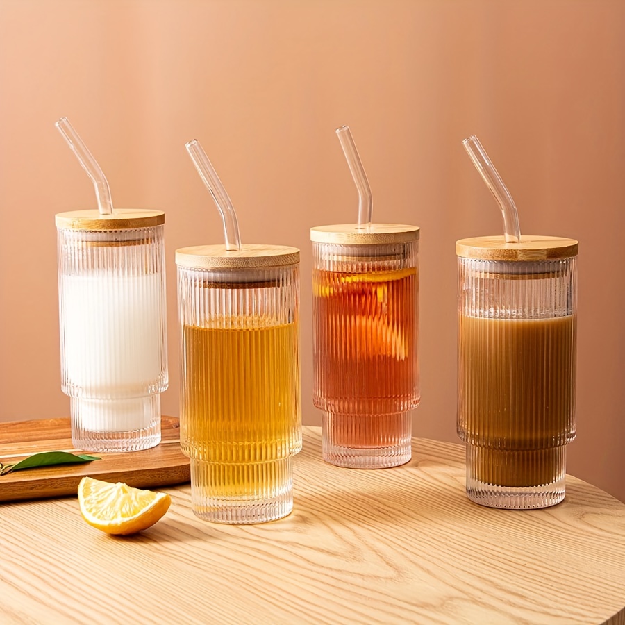 600ML Ribbed Glass cups with Lids and Glass Straws Fluted Vintage