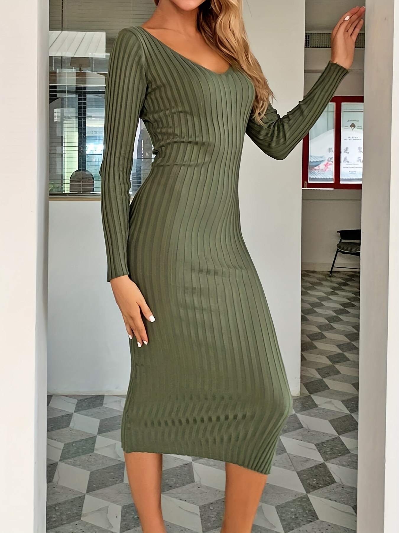 Ribbed Midi Dress Casual V Neck Long Sleeve Bodycon Dress Temu Canada