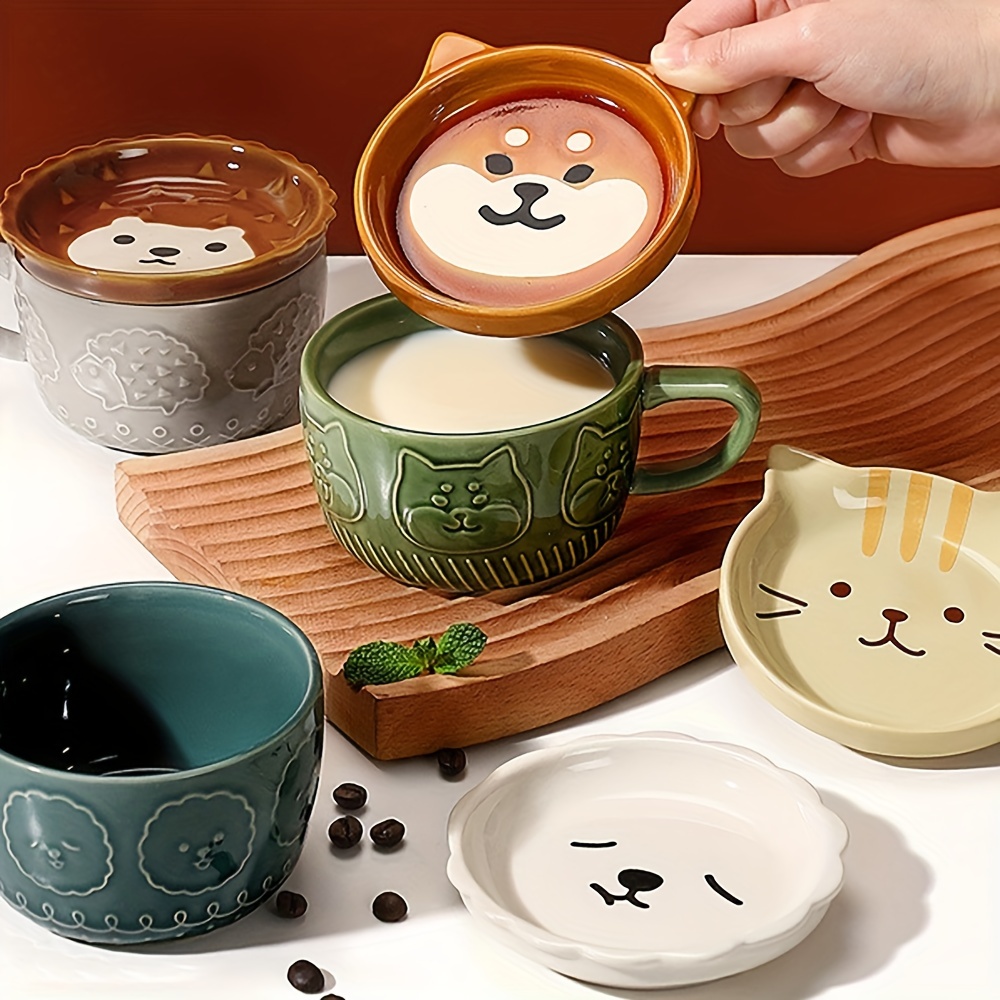 1pc Ceramic Mug With Cover & Saucer Featuring Cartoon Cat For Kids, Milk Or Coffee  Cup, Cute Breakfast Cup