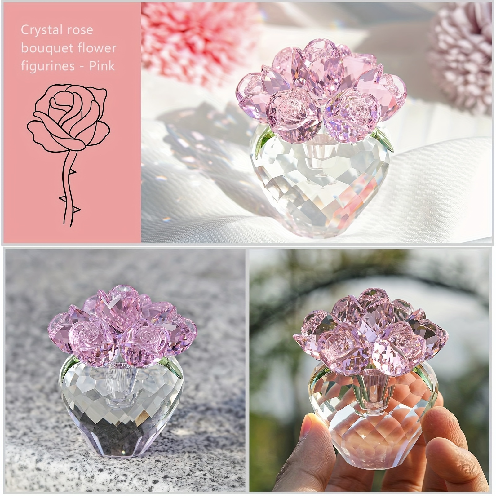 Homemaxs Glass Flowers Crystal Rose Glass Roses with Stems Crystal Figurines Collectibles, Size: 8.50