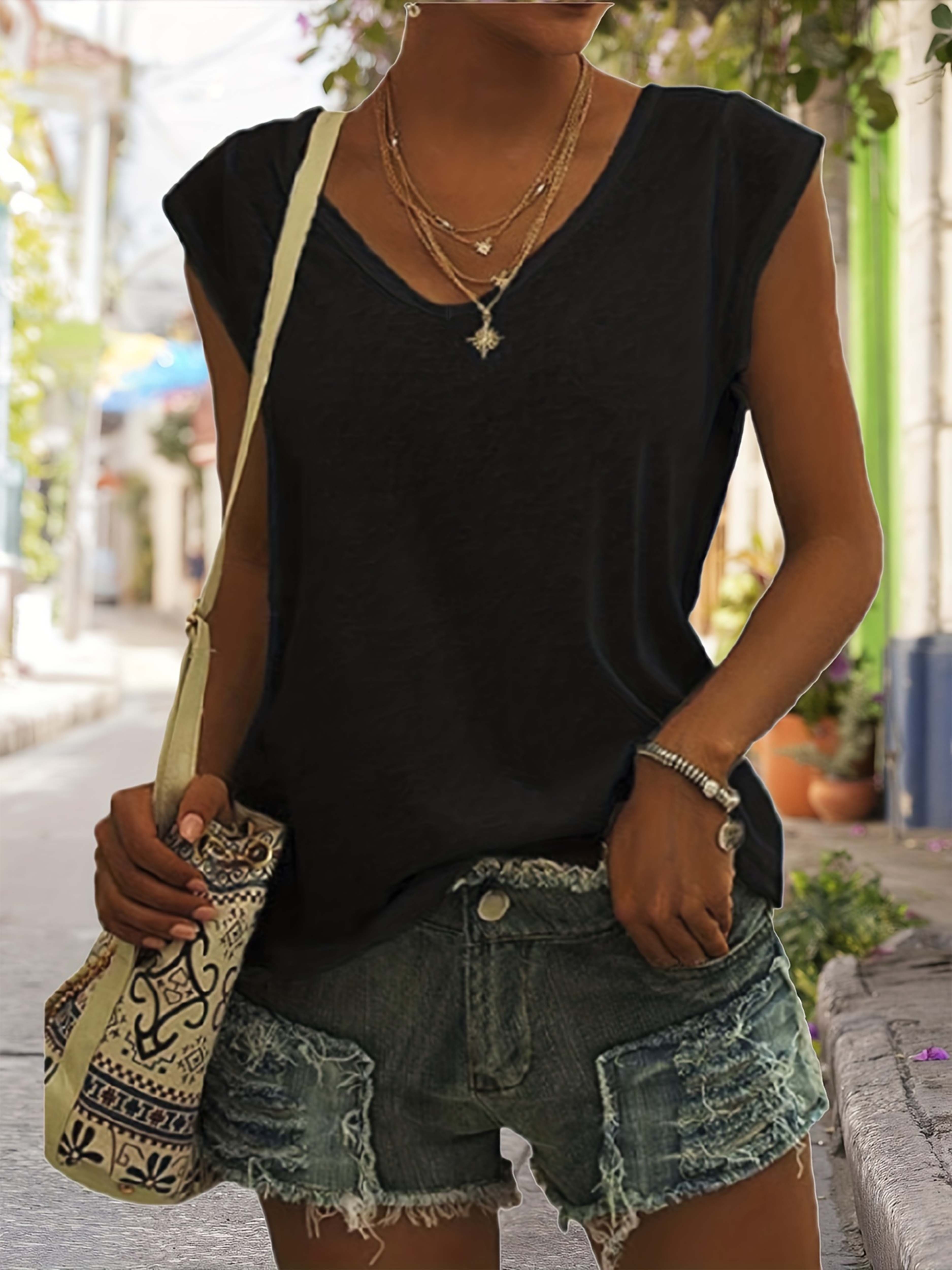 Solid Casual Loose Tank Top For Women, Fashion V-neck Tank Top, Women's  Clothing