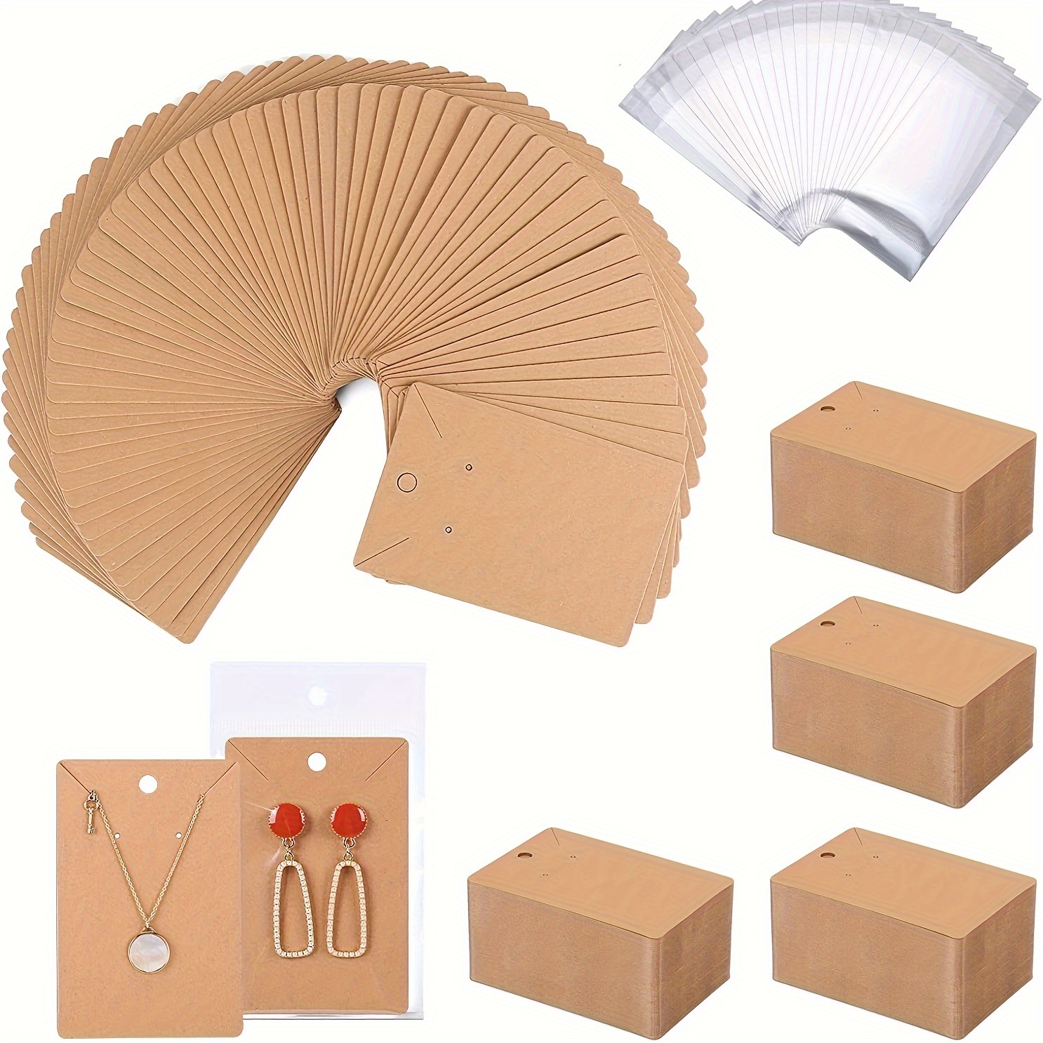 

50 Sets Kraft Paper Jewelry Display Cardboard, Necklaces Earrings Label Packaging With Opp Bags Small Business Supplies