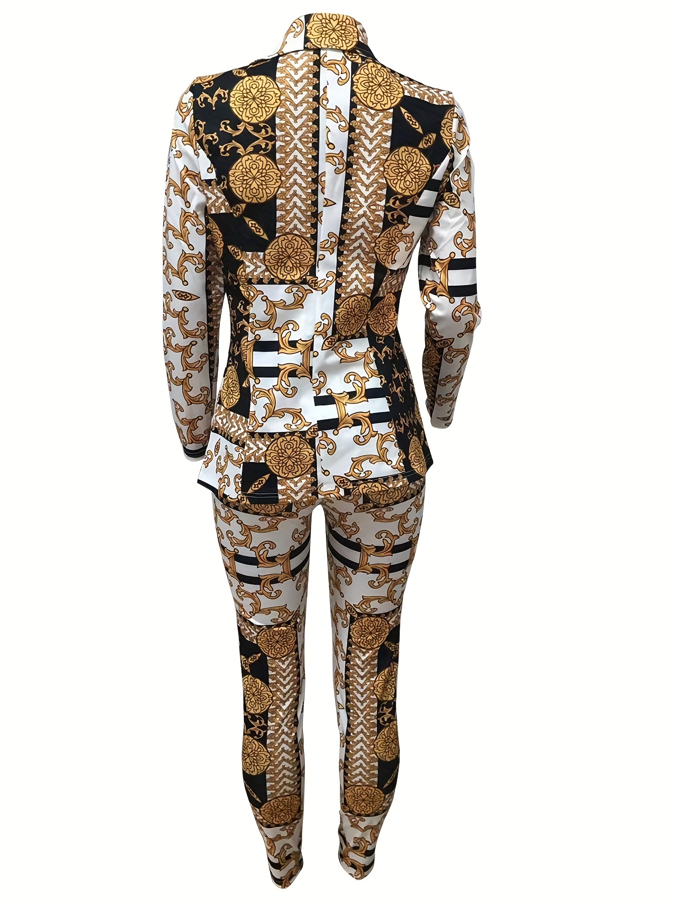 Baroque Floral Print 2pc Set Long Sleeve Tops & Slim Pants Outfits