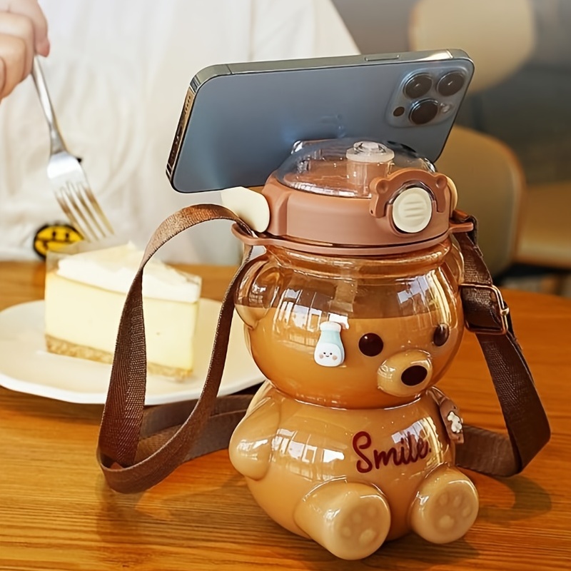 Cute Bear Water Bottle With Straw And Lanyard Perfect For - Temu